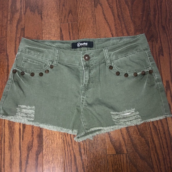 Olive Green Distressed and Studded Shorts - Picture 1 of 3